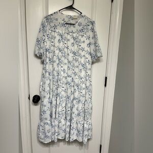 Love Olive Co midi dress; white with periwinkle colored flowers;